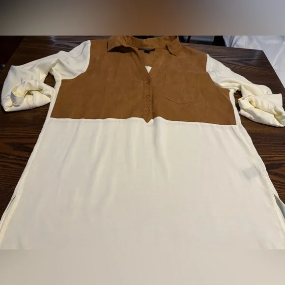 August Silk Women’s L Blouse Faux Suede Brown Cream Western Neutral Career EUC - Picture 10 of 16